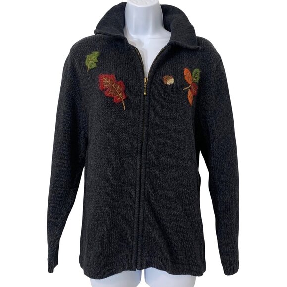 Mandal Bay Womens Charcoal Gray Knit Cardigan Embroidered Leaves Full Zip SZ L - Picture 1 of 6